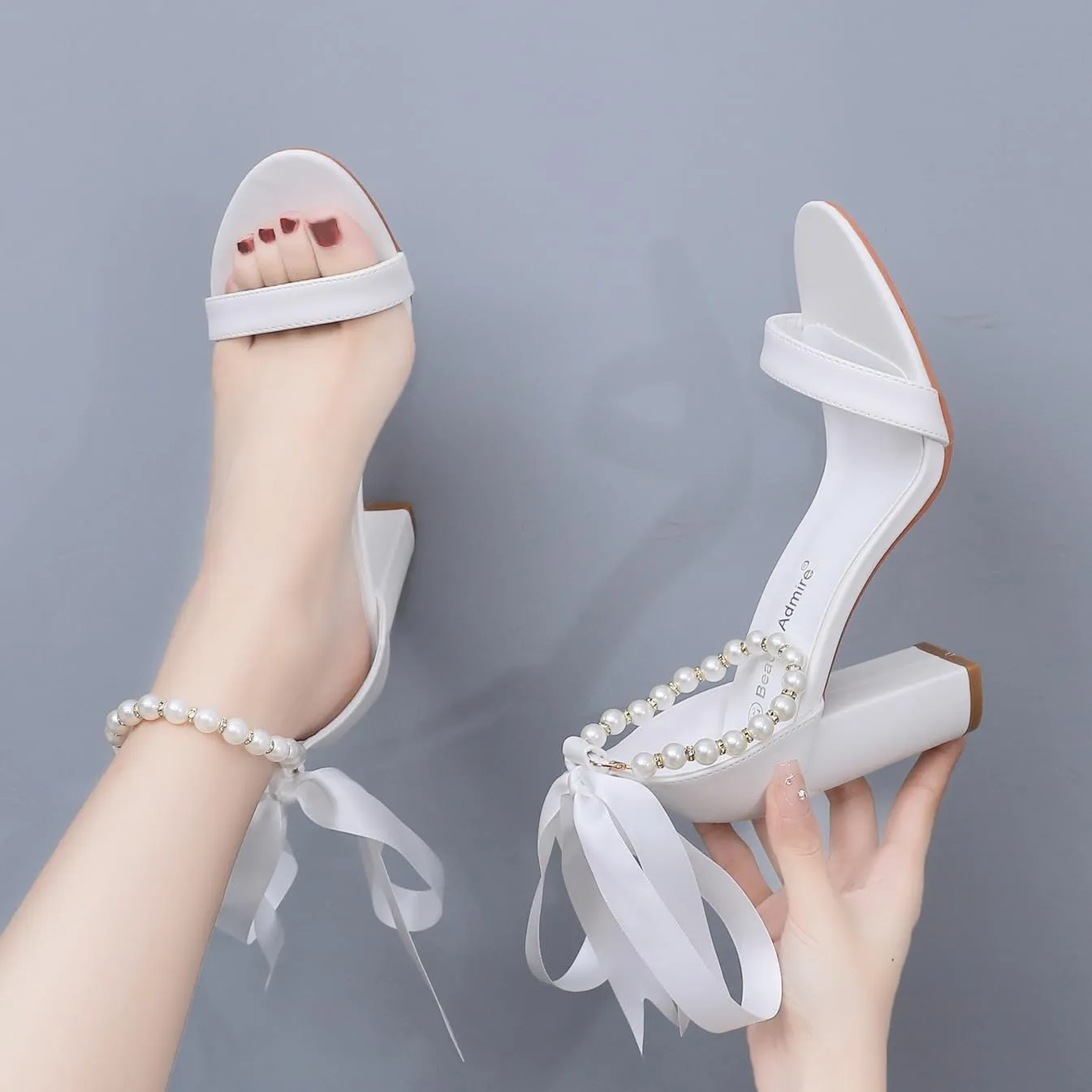 3.75 Inches Ankle Strap Block Heel Sandals WomenThick Chunky Heels Open Toe White Lace Bridal Wedding Sandals Shoes