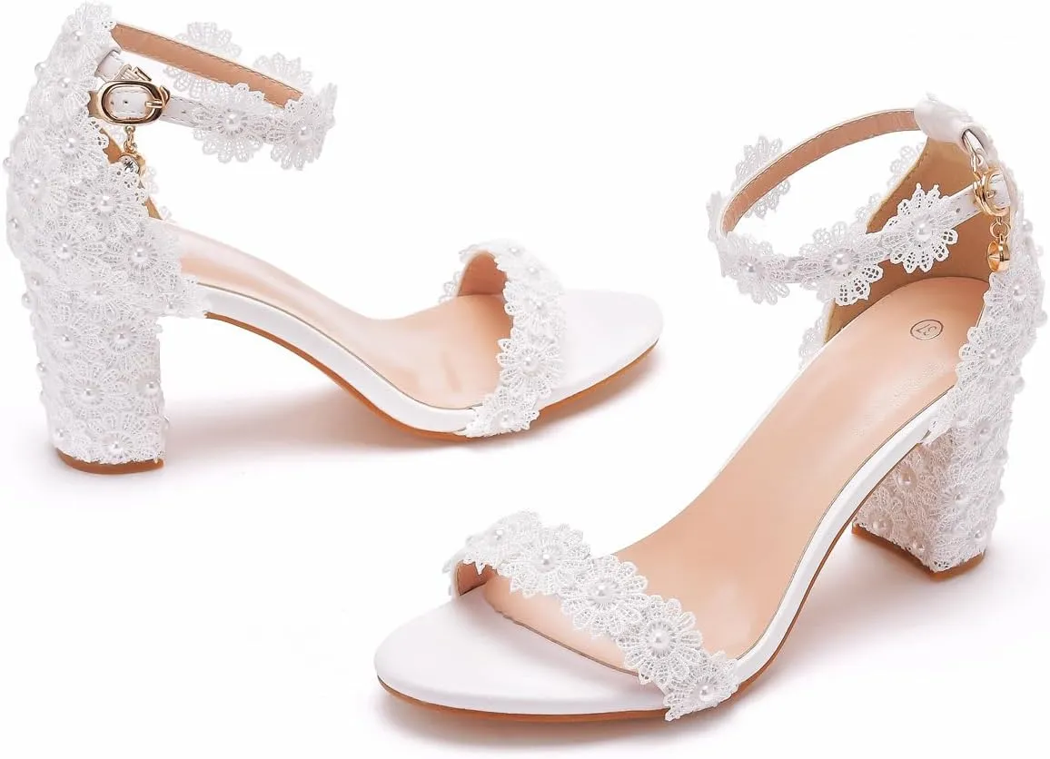 3.75 Inches Ankle Strap Block Heel Sandals WomenThick Chunky Heels Open Toe White Lace Bridal Wedding Sandals Shoes