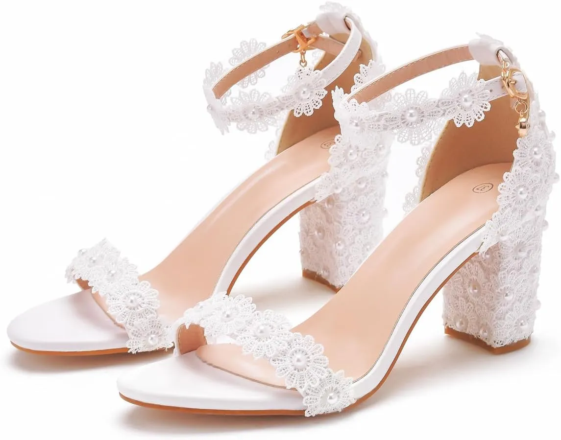 3.75 Inches Ankle Strap Block Heel Sandals WomenThick Chunky Heels Open Toe White Lace Bridal Wedding Sandals Shoes