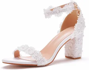 3.75 Inches Ankle Strap Block Heel Sandals WomenThick Chunky Heels Open Toe White Lace Bridal Wedding Sandals Shoes