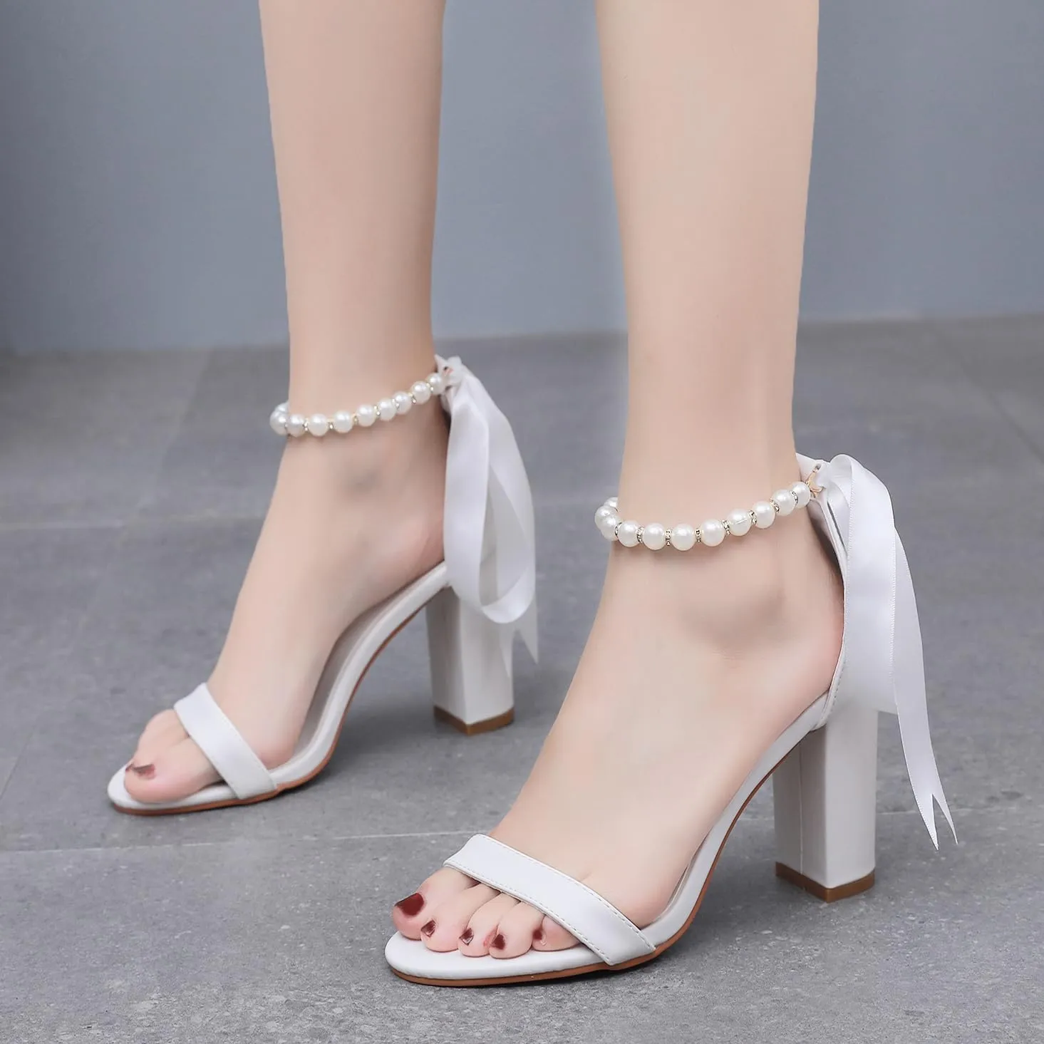 3.75 Inches Ankle Strap Block Heel Sandals WomenThick Chunky Heels Open Toe White Lace Bridal Wedding Sandals Shoes