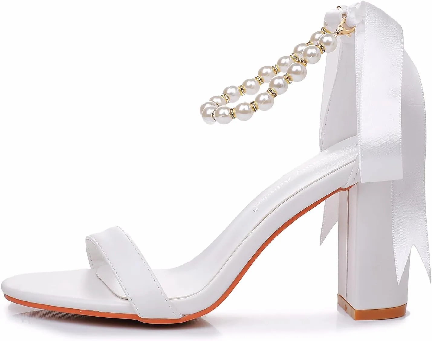 3.75 Inches Ankle Strap Block Heel Sandals WomenThick Chunky Heels Open Toe White Lace Bridal Wedding Sandals Shoes
