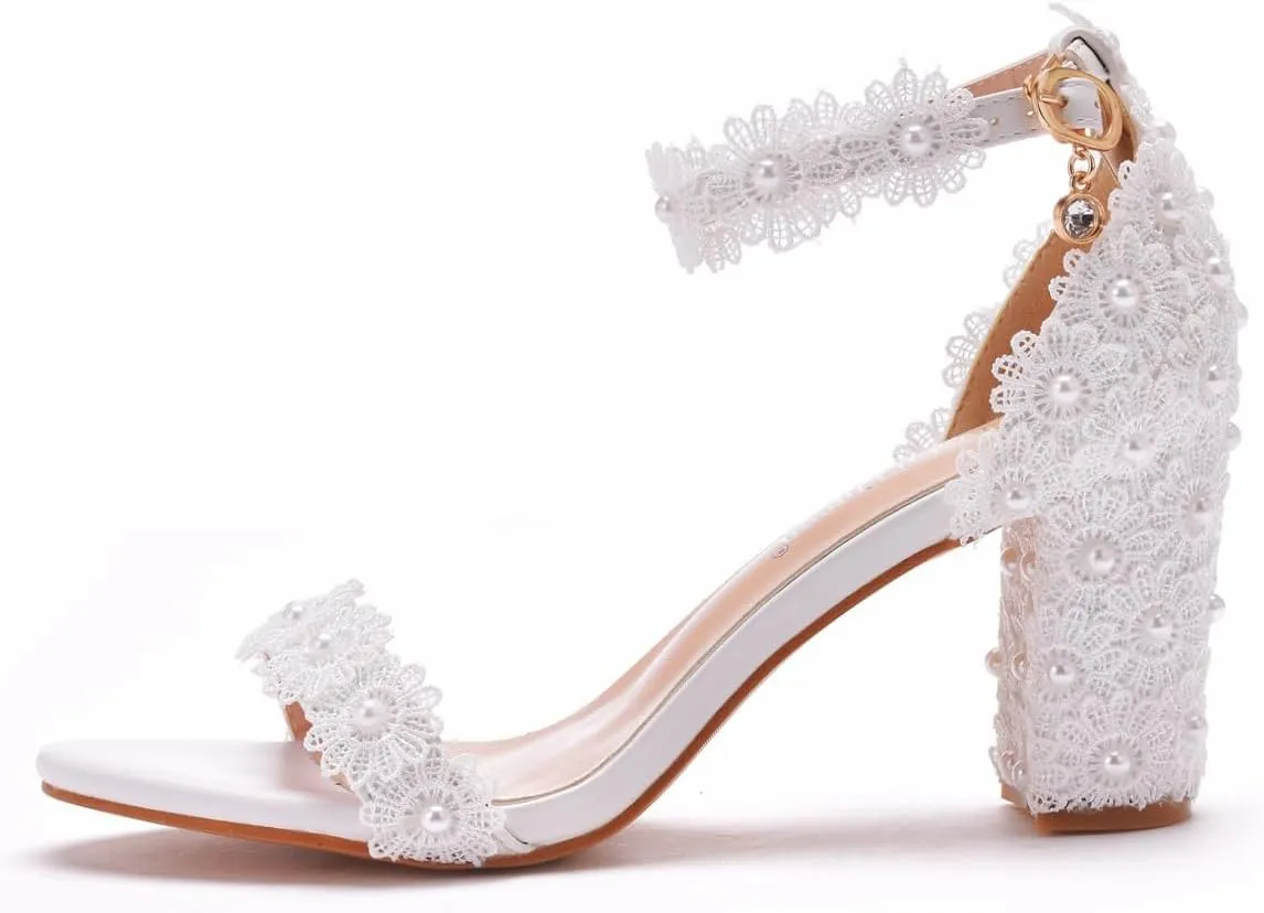 3.75 Inches Ankle Strap Block Heel Sandals WomenThick Chunky Heels Open Toe White Lace Bridal Wedding Sandals Shoes