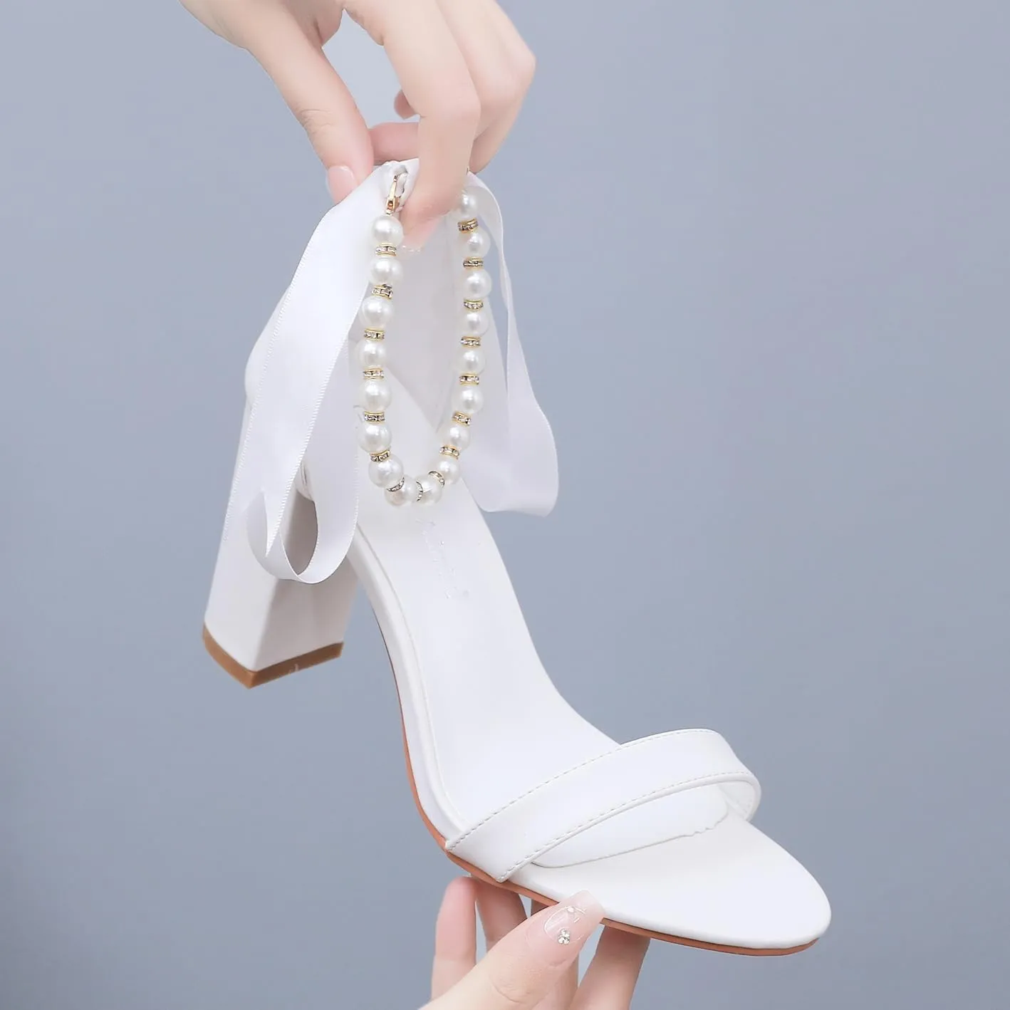 3.75 Inches Ankle Strap Block Heel Sandals WomenThick Chunky Heels Open Toe White Lace Bridal Wedding Sandals Shoes