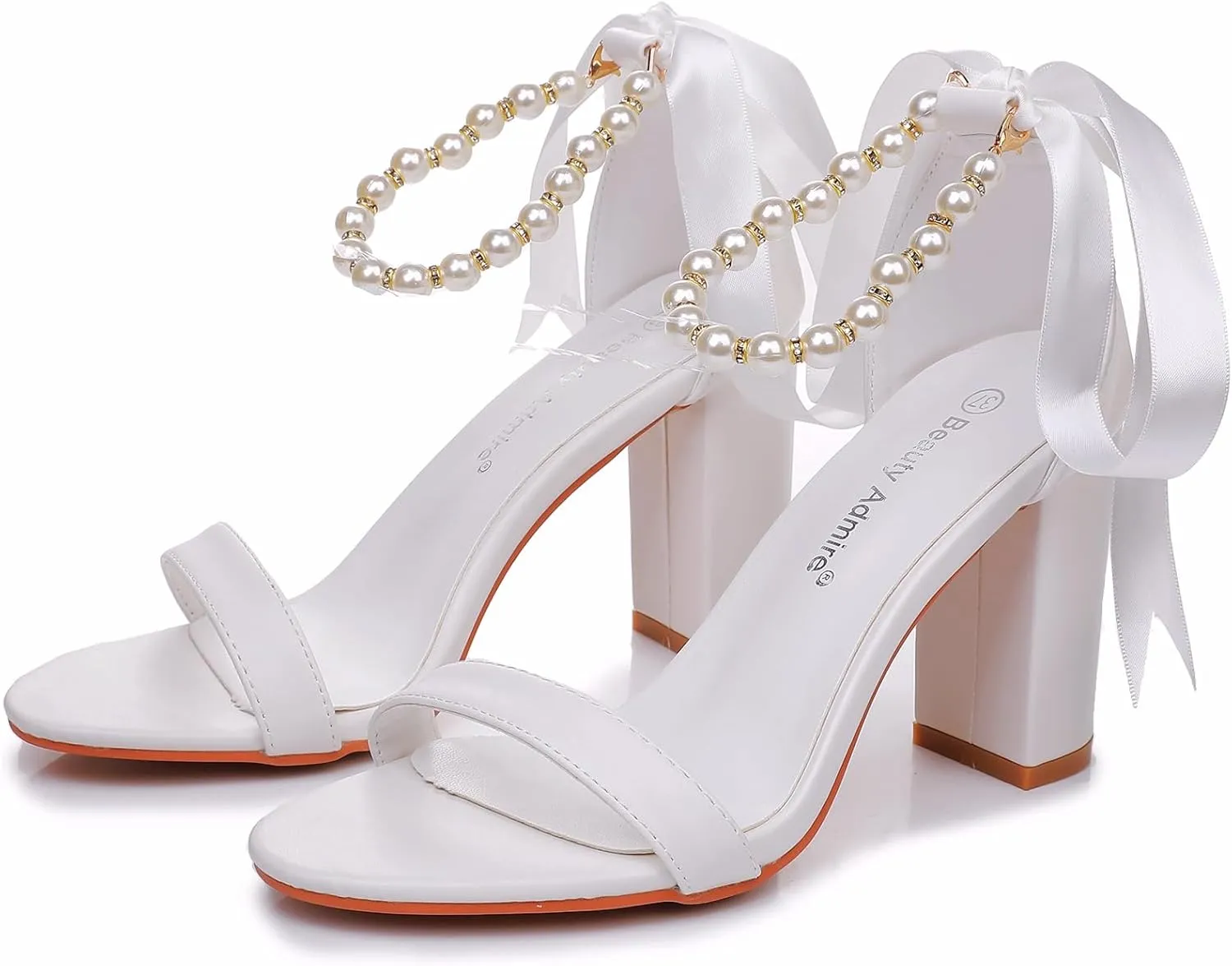 3.75 Inches Ankle Strap Block Heel Sandals WomenThick Chunky Heels Open Toe White Lace Bridal Wedding Sandals Shoes