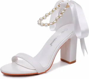 3.75 Inches Ankle Strap Block Heel Sandals WomenThick Chunky Heels Open Toe White Lace Bridal Wedding Sandals Shoes