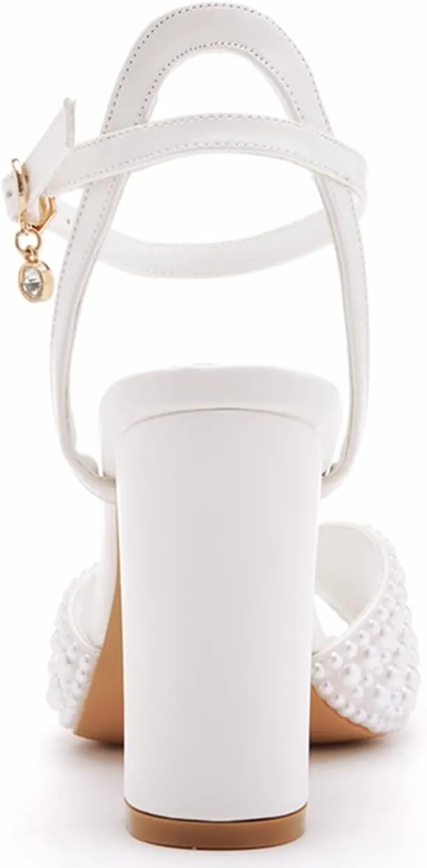 3.75 Inches White Pearls Peep Toe Block Heel Sandals Bridal Chunky Heels Women's High Heel Sandals Pump Shoes Bride Wedding Party Evening Dress Shoes