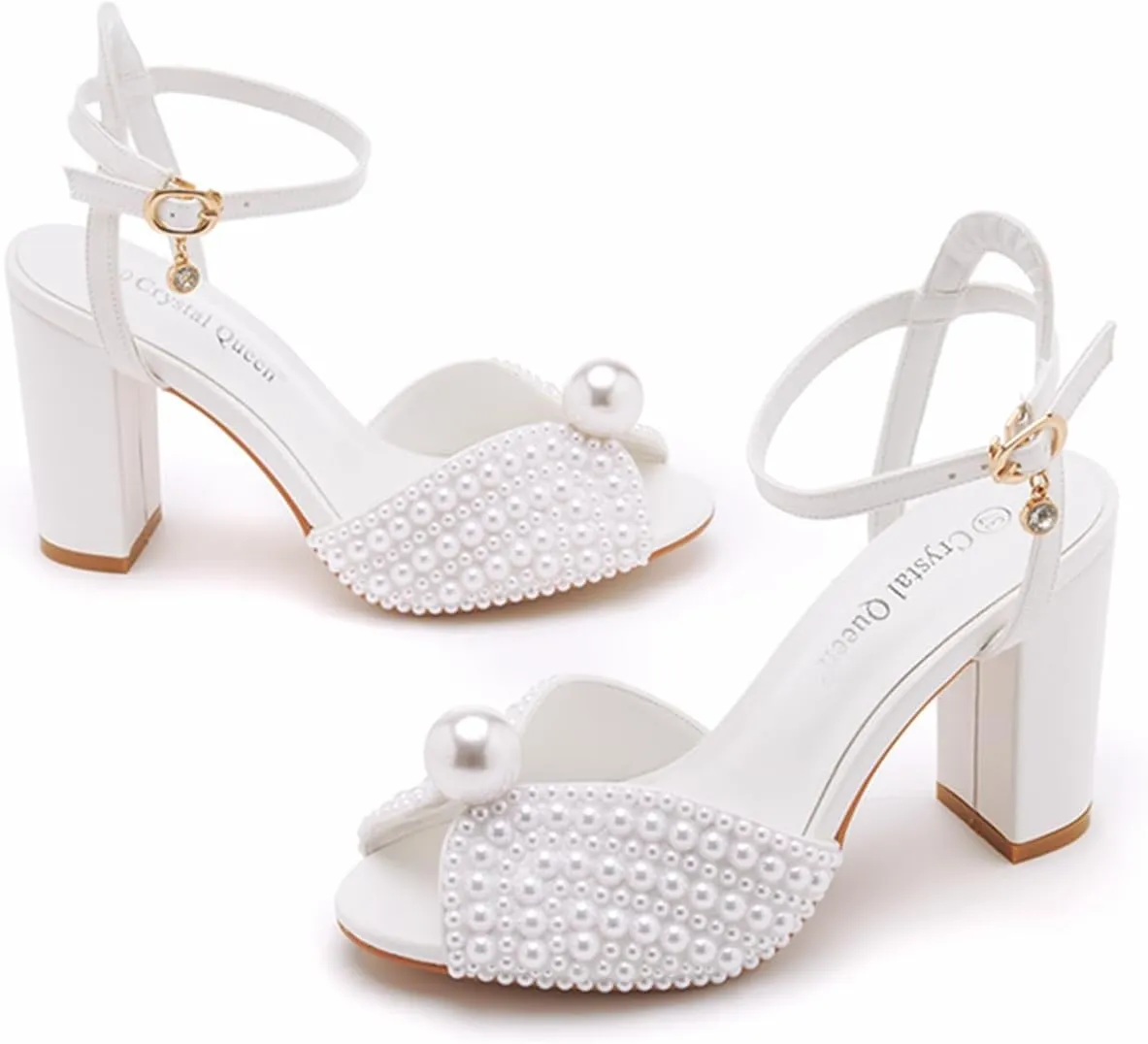 3.75 Inches White Pearls Peep Toe Block Heel Sandals Bridal Chunky Heels Women's High Heel Sandals Pump Shoes Bride Wedding Party Evening Dress Shoes