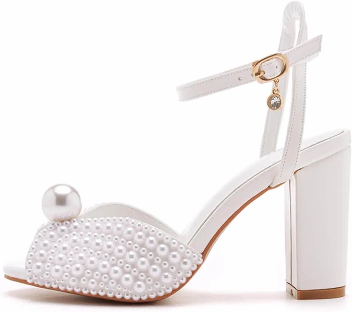3.75 Inches White Pearls Peep Toe Block Heel Sandals Bridal Chunky Heels Women's High Heel Sandals Pump Shoes Bride Wedding Party Evening Dress Shoes