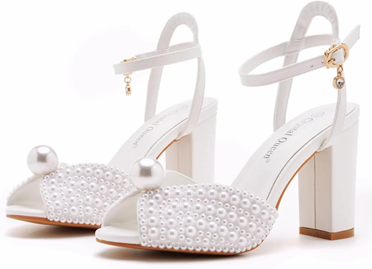 3.75 Inches White Pearls Peep Toe Block Heel Sandals Bridal Chunky Heels Women's High Heel Sandals Pump Shoes Bride Wedding Party Evening Dress Shoes