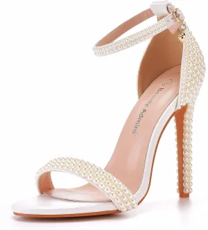 4.3'' Ivory Pearls Stiletto Heels Sandals Peep Toe Women's High Heel Sandals Pump Shoes for Bride Wedding Party Evening Dress Shoes