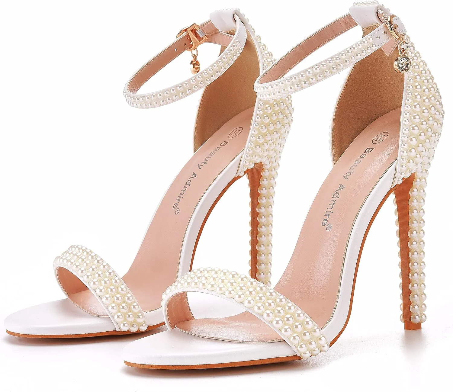 4.3'' Ivory Pearls Stiletto Heels Sandals Peep Toe Women's High Heel Sandals Pump Shoes for Bride Wedding Party Evening Dress Shoes