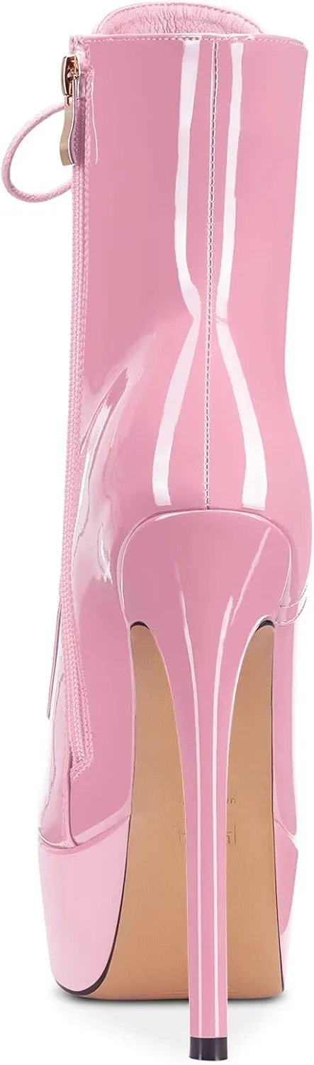 Aachcol Women Ankle Boots Short Bootie Platform Stiletto High Heel Round Toe Dress Shoes Lace-up Patent 6.5 Inch