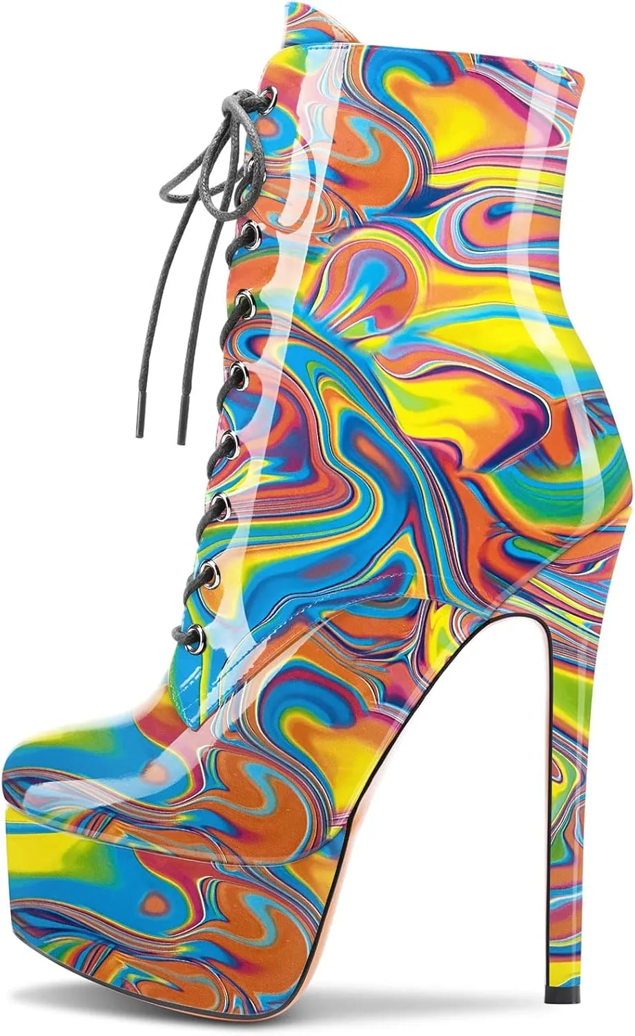 Aachcol Women Ankle Boots Short Bootie Platform Stiletto High Heel Round Toe Dress Shoes Lace-up Patent 6.5 Inch