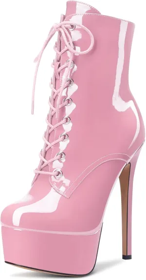 Aachcol Women Ankle Boots Short Bootie Platform Stiletto High Heel Round Toe Dress Shoes Lace-up Patent 6.5 Inch