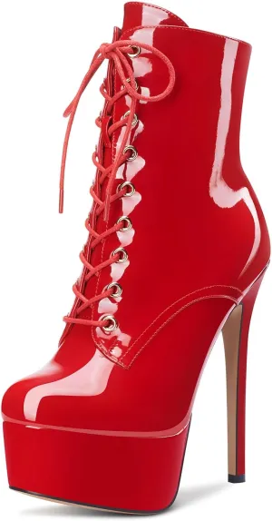 Aachcol Women Ankle Boots Short Bootie Platform Stiletto High Heel Round Toe Dress Shoes Lace-up Patent 6.5 Inch