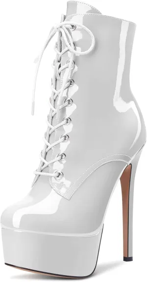 Aachcol Women Ankle Boots Short Bootie Platform Stiletto High Heel Round Toe Dress Shoes Lace-up Patent 6.5 Inch