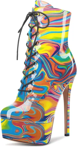 Aachcol Women Ankle Boots Short Bootie Platform Stiletto High Heel Round Toe Dress Shoes Lace-up Patent 6.5 Inch
