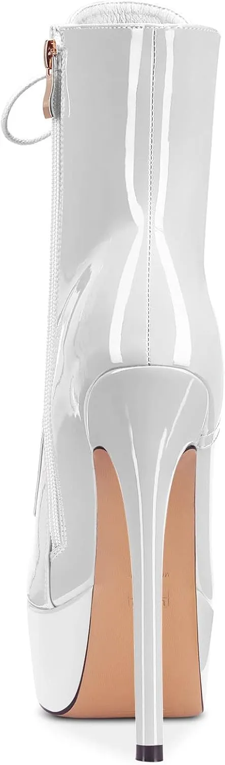Aachcol Women Ankle Boots Short Bootie Platform Stiletto High Heel Round Toe Dress Shoes Lace-up Patent 6.5 Inch