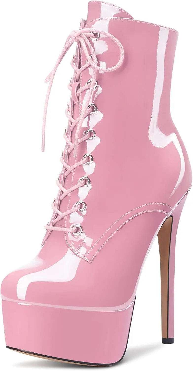 Aachcol Women Ankle Boots Short Bootie Platform Stiletto High Heel Round Toe Dress Shoes Lace-up Patent 6.5 Inch
