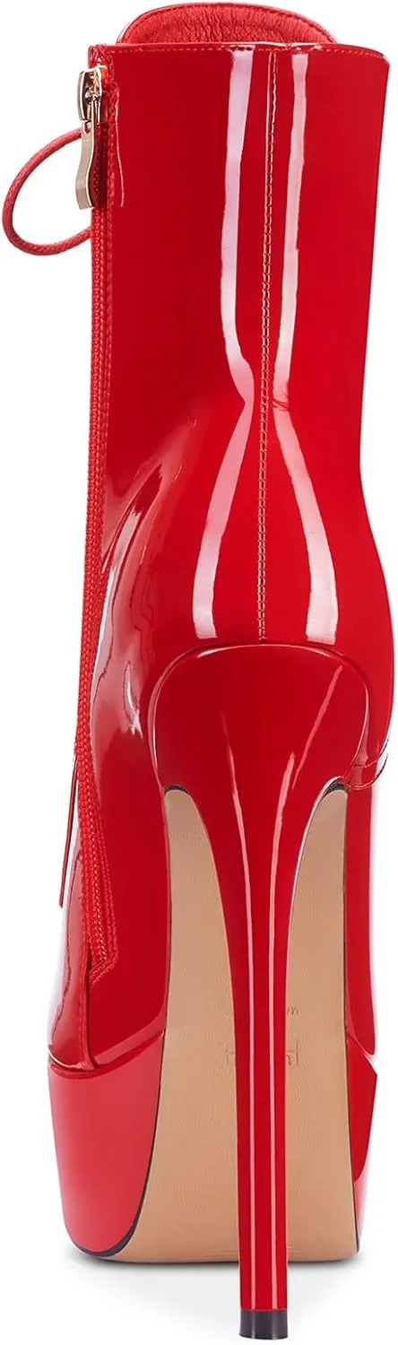 Aachcol Women Ankle Boots Short Bootie Platform Stiletto High Heel Round Toe Dress Shoes Lace-up Patent 6.5 Inch
