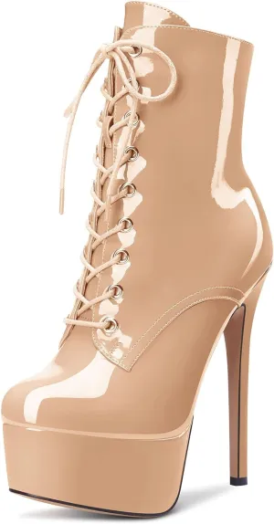 Aachcol Women Ankle Boots Short Bootie Platform Stiletto High Heel Round Toe Dress Shoes Lace-up Patent 6.5 Inch