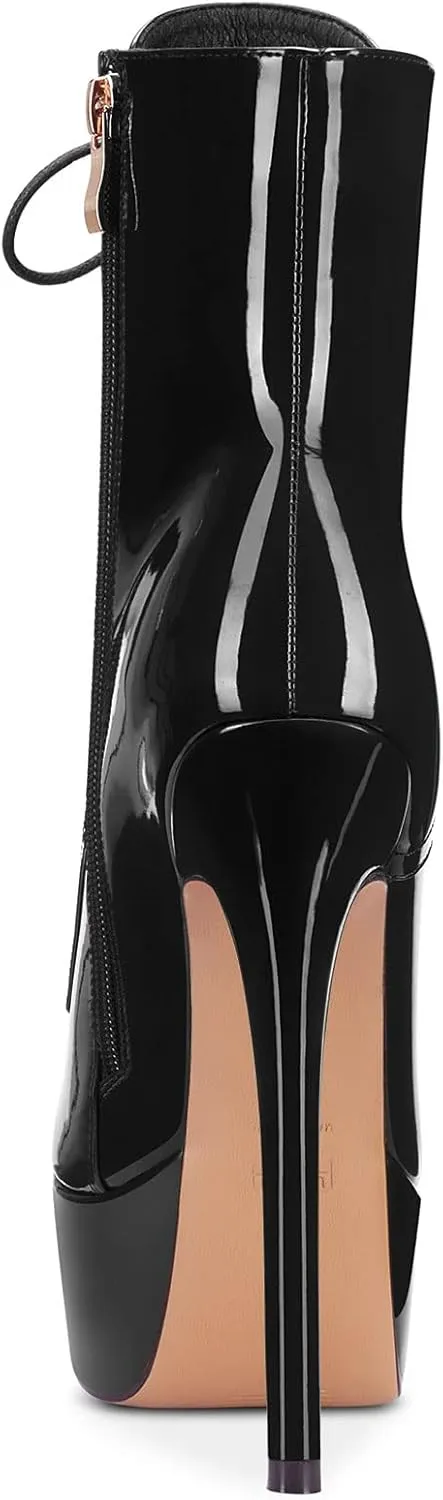 Aachcol Women Ankle Boots Short Bootie Platform Stiletto High Heel Round Toe Dress Shoes Lace-up Patent 6.5 Inch