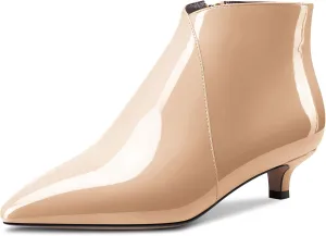 Aachcol Women Ankle Boots Short Bootie Pointed Toe Low Kitten Heel Patent Zipper Dress Shoes 1.5 Inch