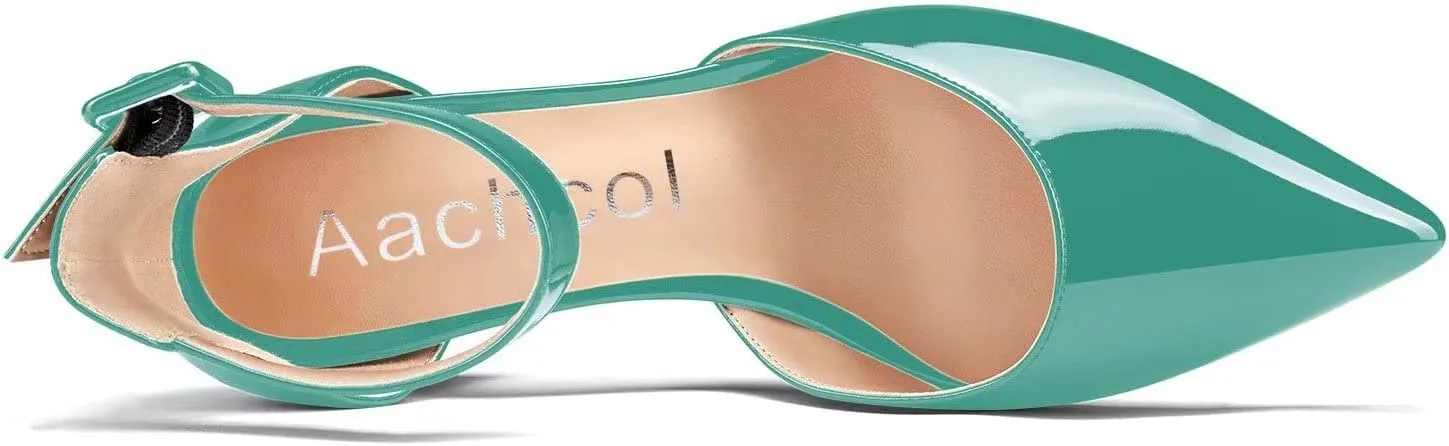 Aachcol Women Ankle Strap Pumps Close Pointed Toe D'Orsay Two-Piece Chunky Block Mid Heel Shoes 2 Inches