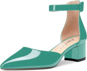 Aachcol Women Ankle Strap Pumps Close Pointed Toe D'Orsay Two-Piece Chunky Block Mid Heel Shoes 2 Inches
