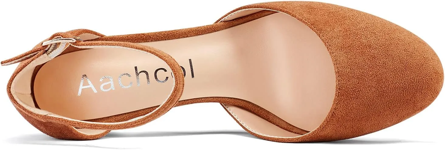 Aachcol Women Ankle Strap Pumps D'Orsay Two-Piece Mid Wedge Heel Close Round Toe Dress Shoes Wedding Party 2 Inches