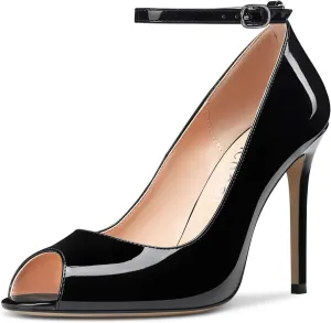 Aachcol Women Ankle Strap Pumps Stiletto High Heel Peep Open Round Toe 4 Inches