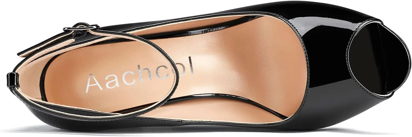 Aachcol Women Ankle Strap Pumps Stiletto High Heel Peep Open Round Toe 4 Inches