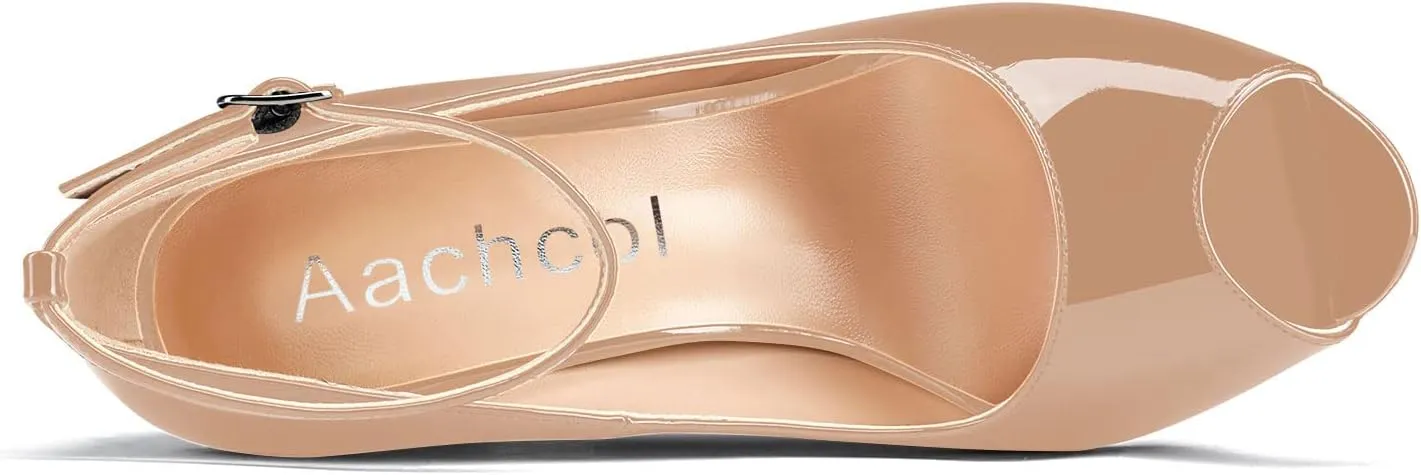Aachcol Women Ankle Strap Pumps Stiletto High Heel Peep Open Round Toe 4 Inches