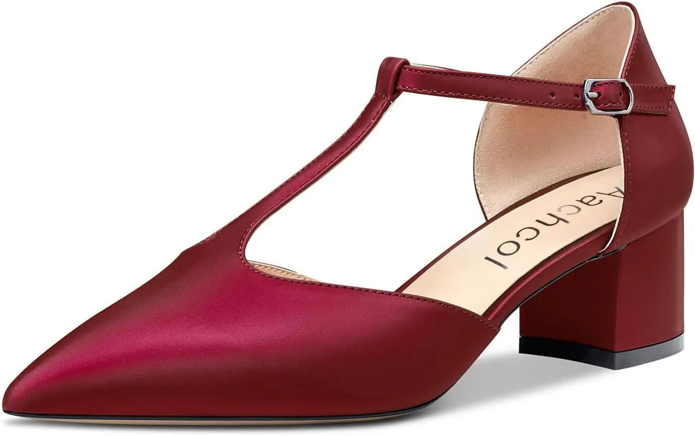 Aachcol Women Chunky Block Mid Low Heel Pumps Ankle Strap T-Strap Pointed Toe Dress Shoes Party Wedding Satin 2 Inch