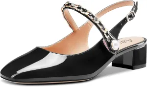 Aachcol Women Chunky Block Mid Low Heel Pumps Mary Jane Ankle Strap Square Toe Slingback Dress Shoes Party Wedding Patent 2 Inch