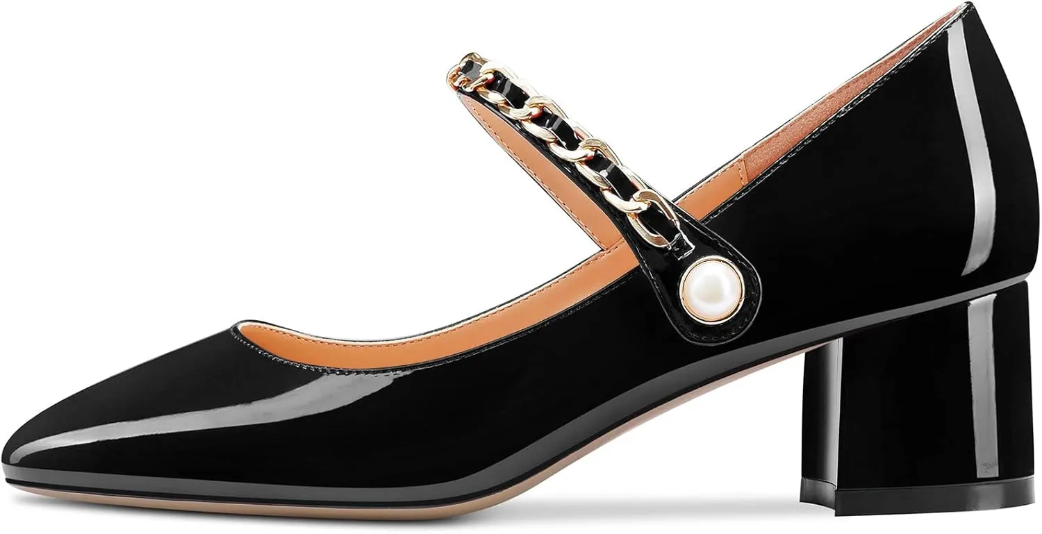 Aachcol Women Chunky Block Mid Low Heel Pumps Mary Jane Slip-on Square Toe Dress Shoes Office Party Wedding Patent 2 Inch