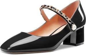 Aachcol Women Chunky Block Mid Low Heel Pumps Mary Jane Slip-on Square Toe Dress Shoes Office Party Wedding Patent 2 Inch