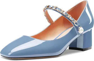 Aachcol Women Chunky Block Mid Low Heel Pumps Mary Jane Slip-on Square Toe Dress Shoes Office Party Wedding Patent 2 Inch