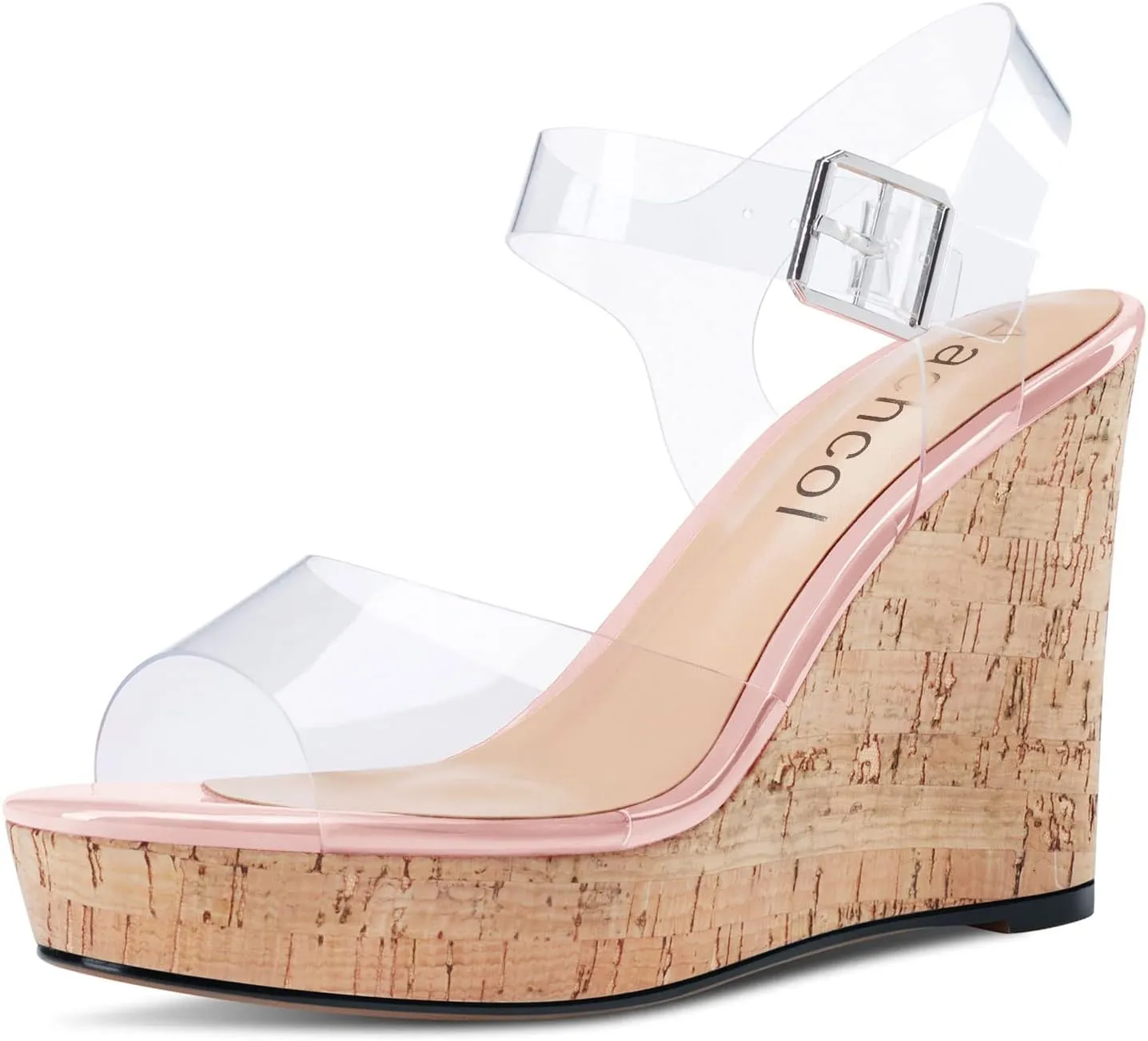 Aachcol Women Clear Platform Wedge Sandals Round Peep Open Toe Sexy Ankle Strap Slingback Two-Piece Chunky Block High Heel Dress Shoes Pumps Party Patent 4 Inch
