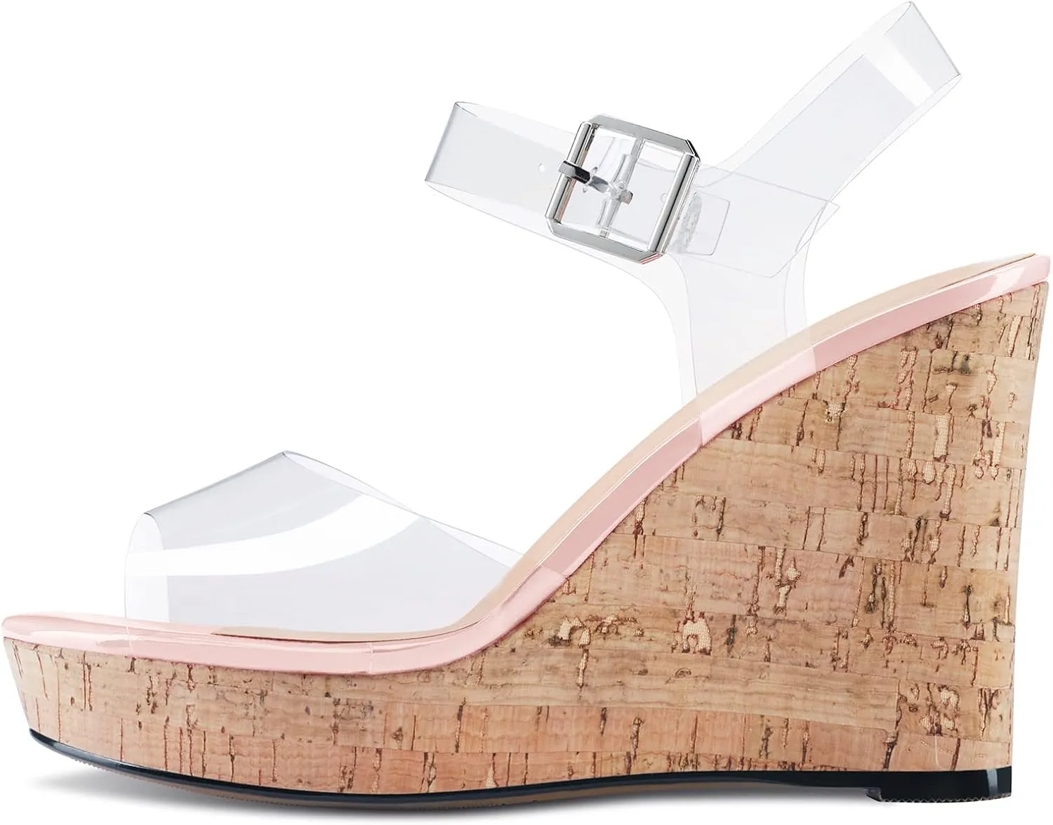 Aachcol Women Clear Platform Wedge Sandals Round Peep Open Toe Sexy Ankle Strap Slingback Two-Piece Chunky Block High Heel Dress Shoes Pumps Party Patent 4 Inch