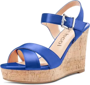 Aachcol Women Cork Wedge Sandals Peep Open Round Toe High Heel Ankle Strap Slingback Clear Dress Shoes Cute Classic Wedding Party 4 Inch