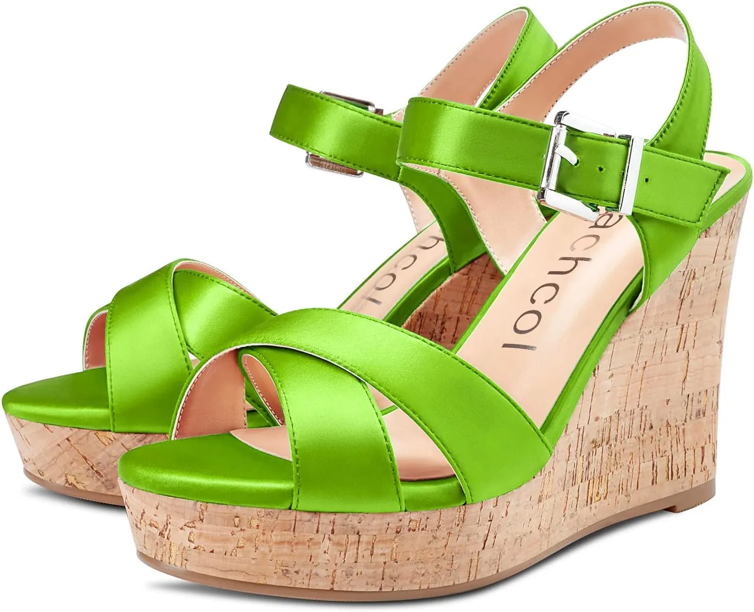 Aachcol Women Cork Wedge Sandals Peep Open Round Toe High Heel Ankle Strap Slingback Clear Dress Shoes Cute Classic Wedding Party 4 Inch