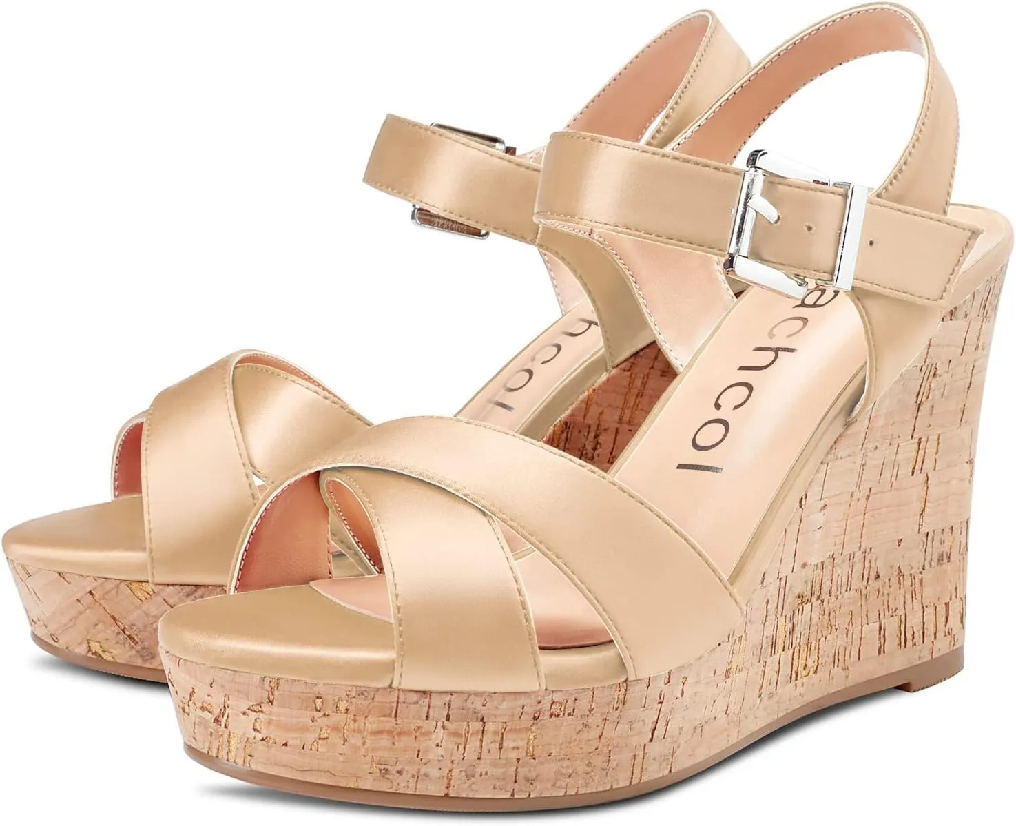 Aachcol Women Cork Wedge Sandals Peep Open Round Toe High Heel Ankle Strap Slingback Clear Dress Shoes Cute Classic Wedding Party 4 Inch