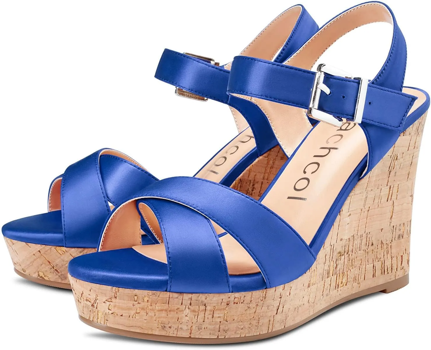 Aachcol Women Cork Wedge Sandals Peep Open Round Toe High Heel Ankle Strap Slingback Clear Dress Shoes Cute Classic Wedding Party 4 Inch