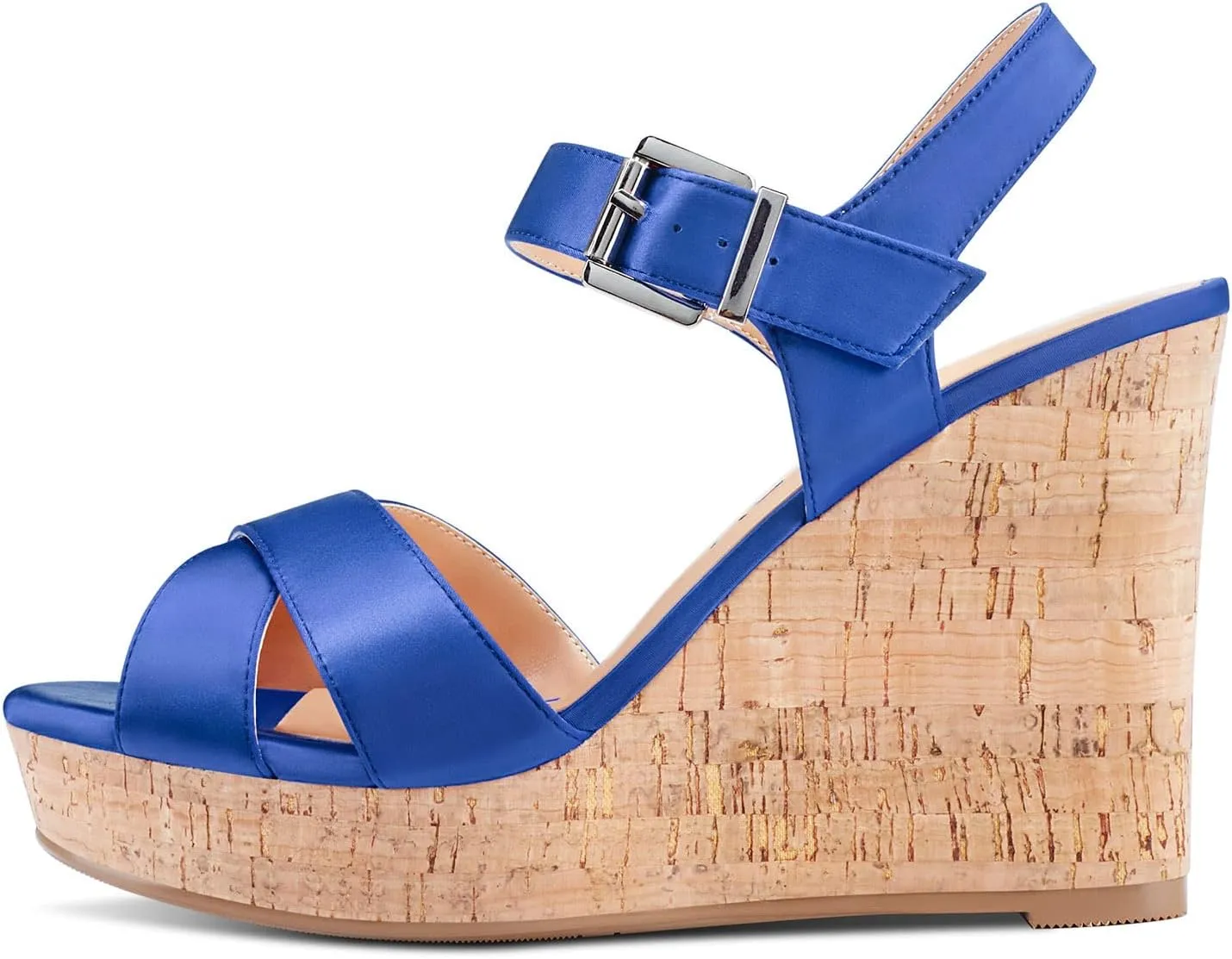 Aachcol Women Cork Wedge Sandals Peep Open Round Toe High Heel Ankle Strap Slingback Clear Dress Shoes Cute Classic Wedding Party 4 Inch