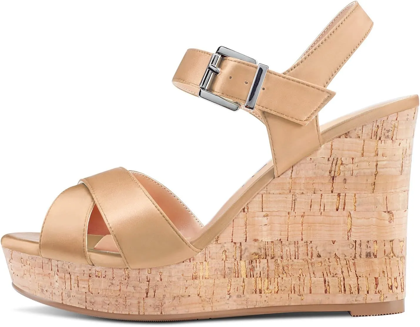 Aachcol Women Cork Wedge Sandals Peep Open Round Toe High Heel Ankle Strap Slingback Clear Dress Shoes Cute Classic Wedding Party 4 Inch
