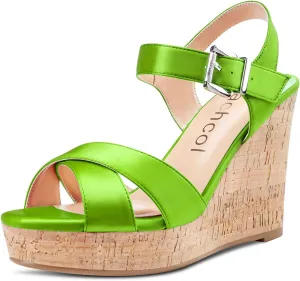 Aachcol Women Cork Wedge Sandals Peep Open Round Toe High Heel Ankle Strap Slingback Clear Dress Shoes Cute Classic Wedding Party 4 Inch