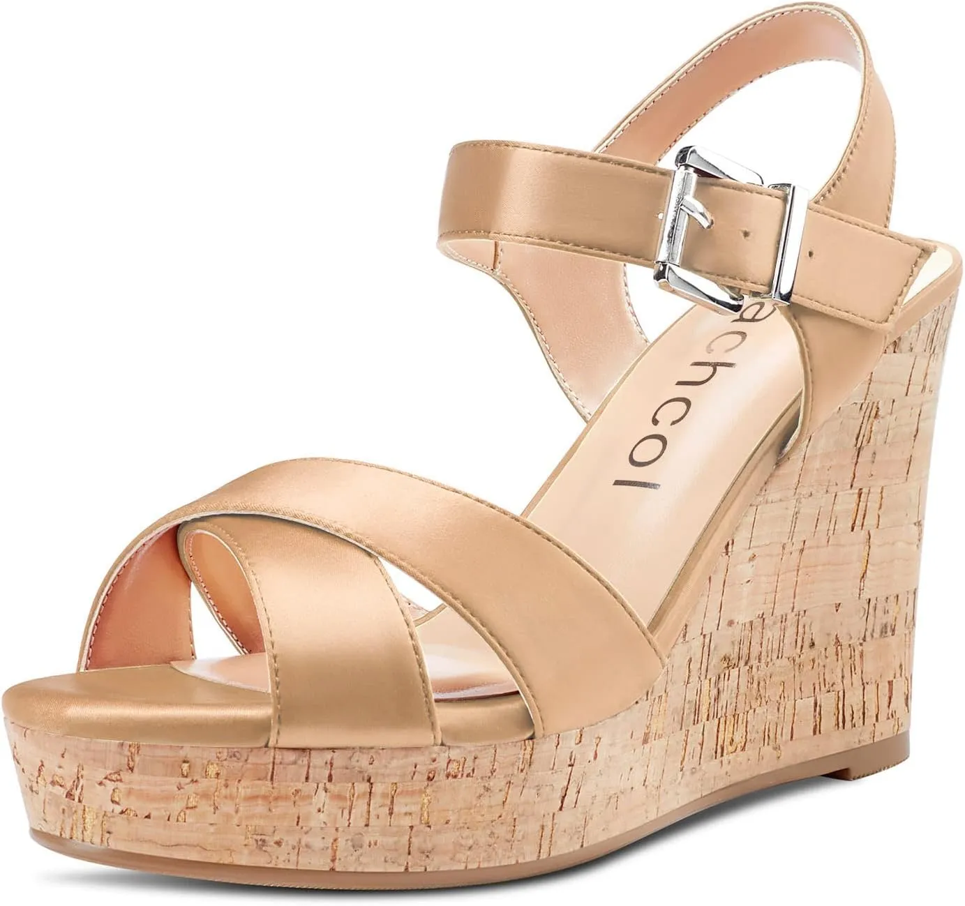 Aachcol Women Cork Wedge Sandals Peep Open Round Toe High Heel Ankle Strap Slingback Clear Dress Shoes Cute Classic Wedding Party 4 Inch