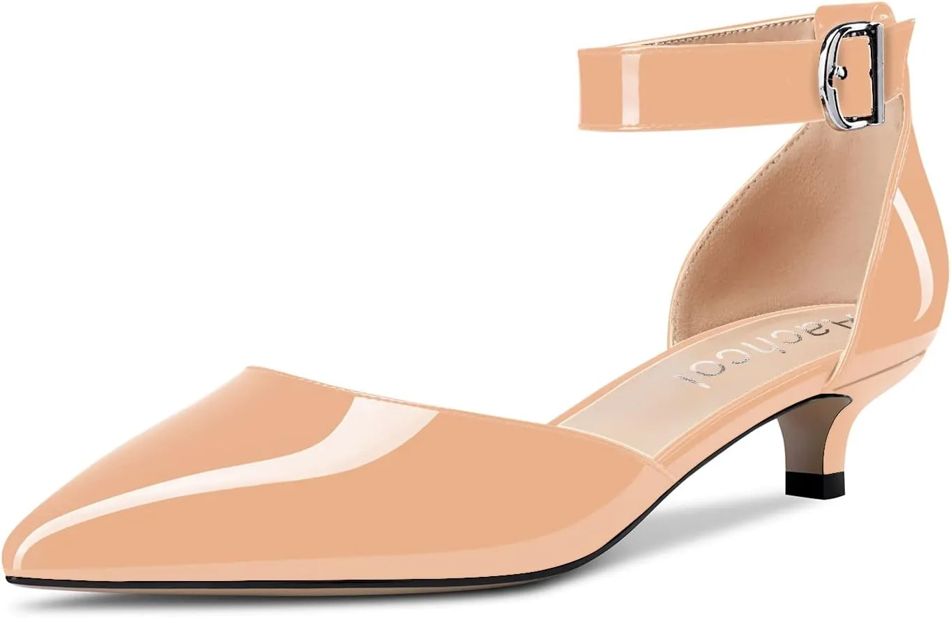 Aachcol Women Kitten Low Heel Ankle Strap Pumps Pointed Toe Sandals Dress Shoes Party Office Wedding 1.5 Inch